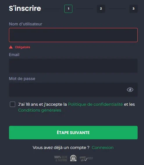 Formulaire d'inscription GoldenPlay Casino avec les champs du nom d'utilisateur, de l'e-mail et du mot de passe